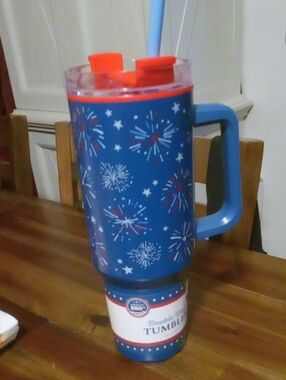Blue Fireworks Double Wall Tumbler with Handle - Unbranded